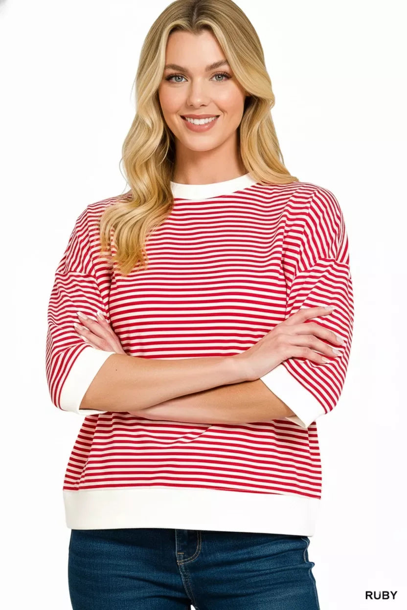 Zenana Striped Contrast Trim Banded Bottom Top - Trendsi - Flyclothing LLC