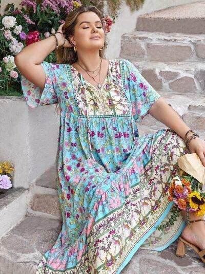 Plus Size Printed Tie Neck Flutter Sleeve Maxi Dress - Trendsi - Flyclothing LLC