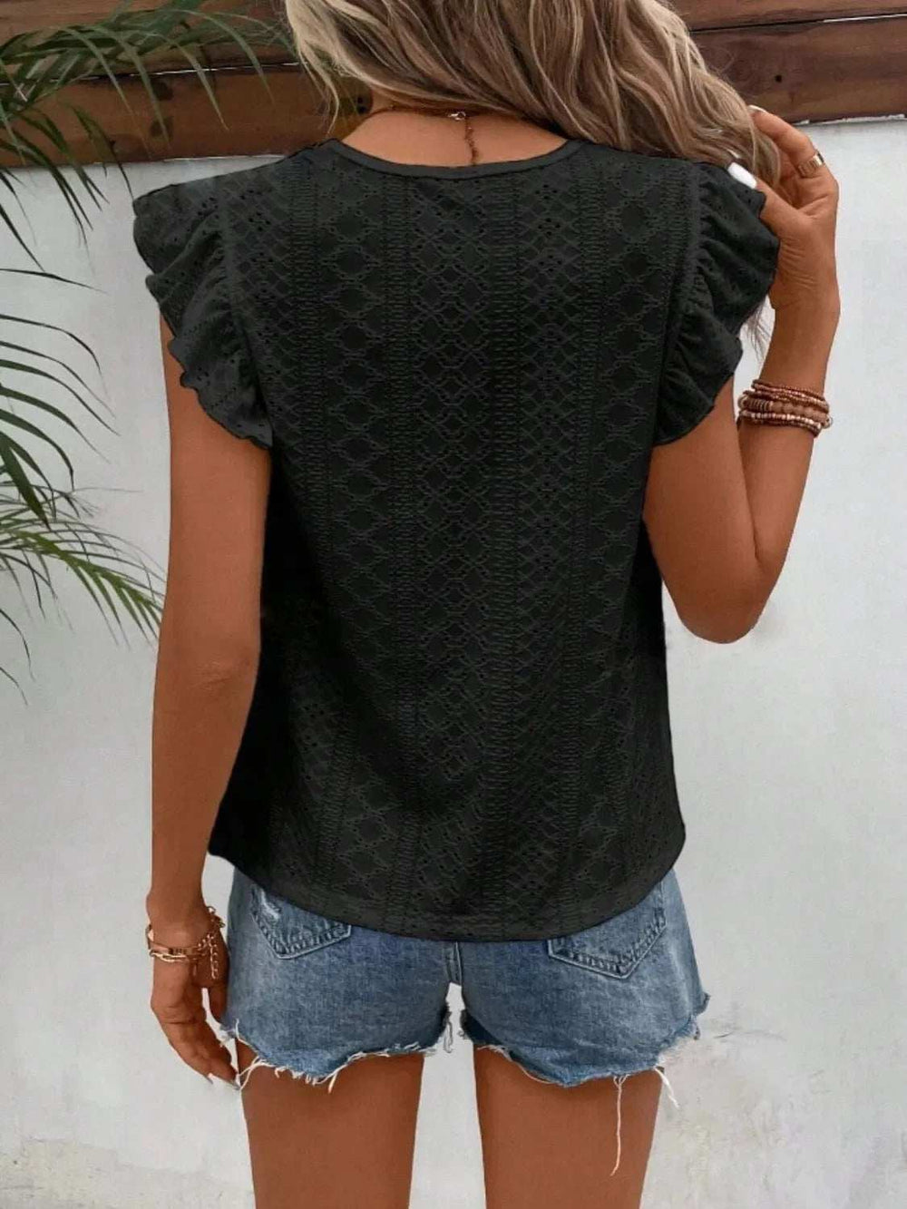 Eyelet Round Neck Cap Sleeve Top - Trendsi - Flyclothing LLC