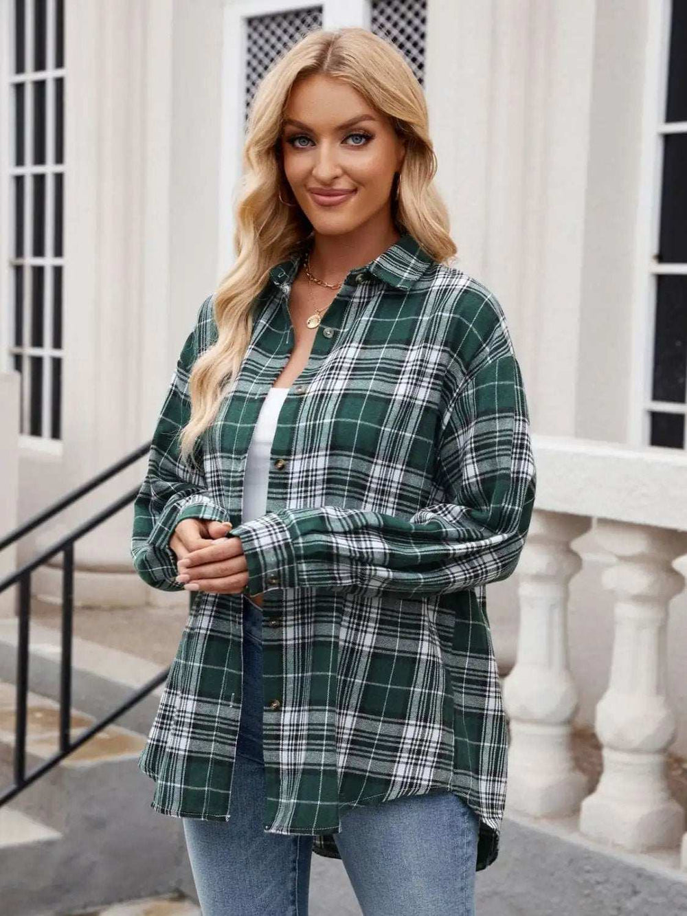 Pocketed Plaid Collared Neck Long Sleeve Shirt - Trendsi - Flyclothing LLC