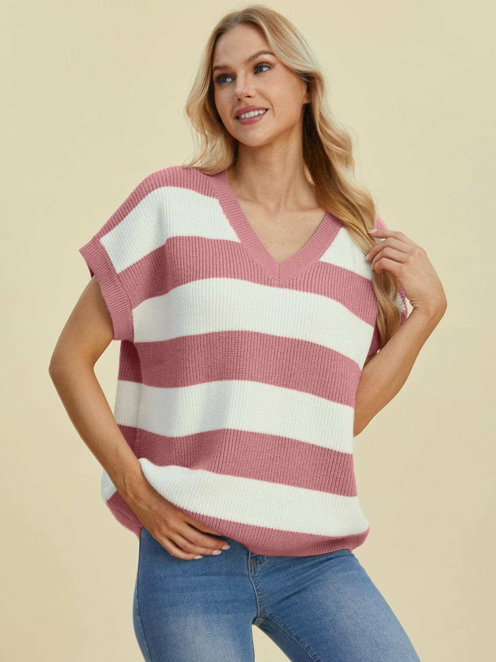 Double Take Full Size Striped V-Neck Short Sleeve Sweater - Trendsi - Flyclothing LLC