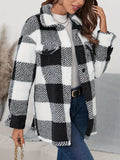 Plaid Button Up Long Sleeve Fuzzy Outerwear - Trendsi - Flyclothing LLC