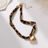 Leopard Print Choker with Golden Heart Pendant Necklace - Trendsi - Flyclothing LLC