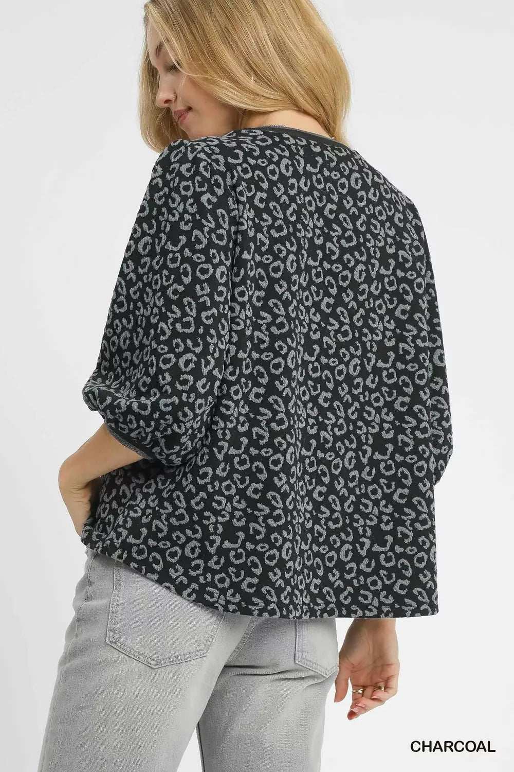 Umgee Leopard Print Jacquard Blouse with Puff Sleeves - Trendsi - Flyclothing LLC