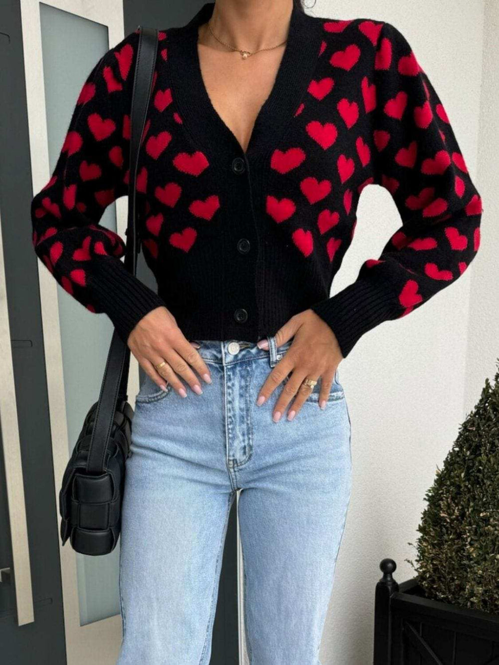 Valentine’s Day Heart V-Neck Cropped Cardigan - Trendsi - Flyclothing LLC
