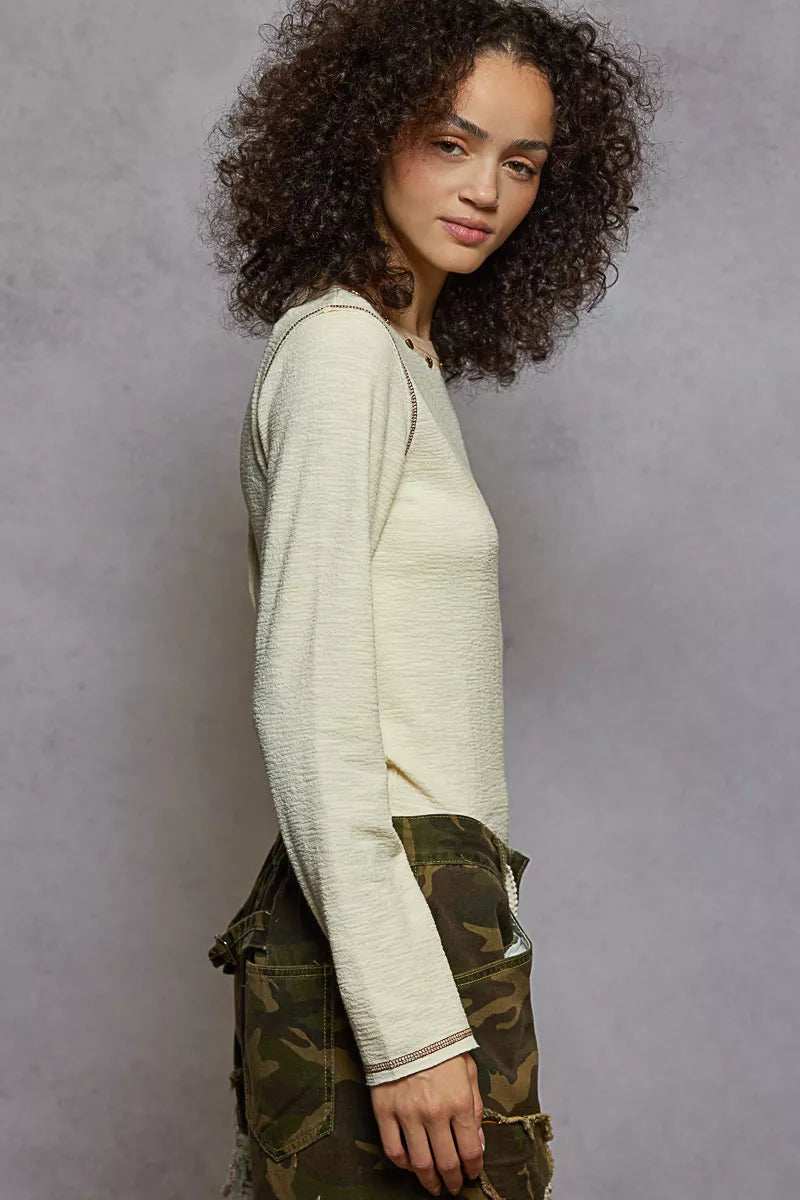 POL Round Neck Long Sleeve Contrast Stitching T-Shirt with Stud Detail - Trendsi - Flyclothing LLC