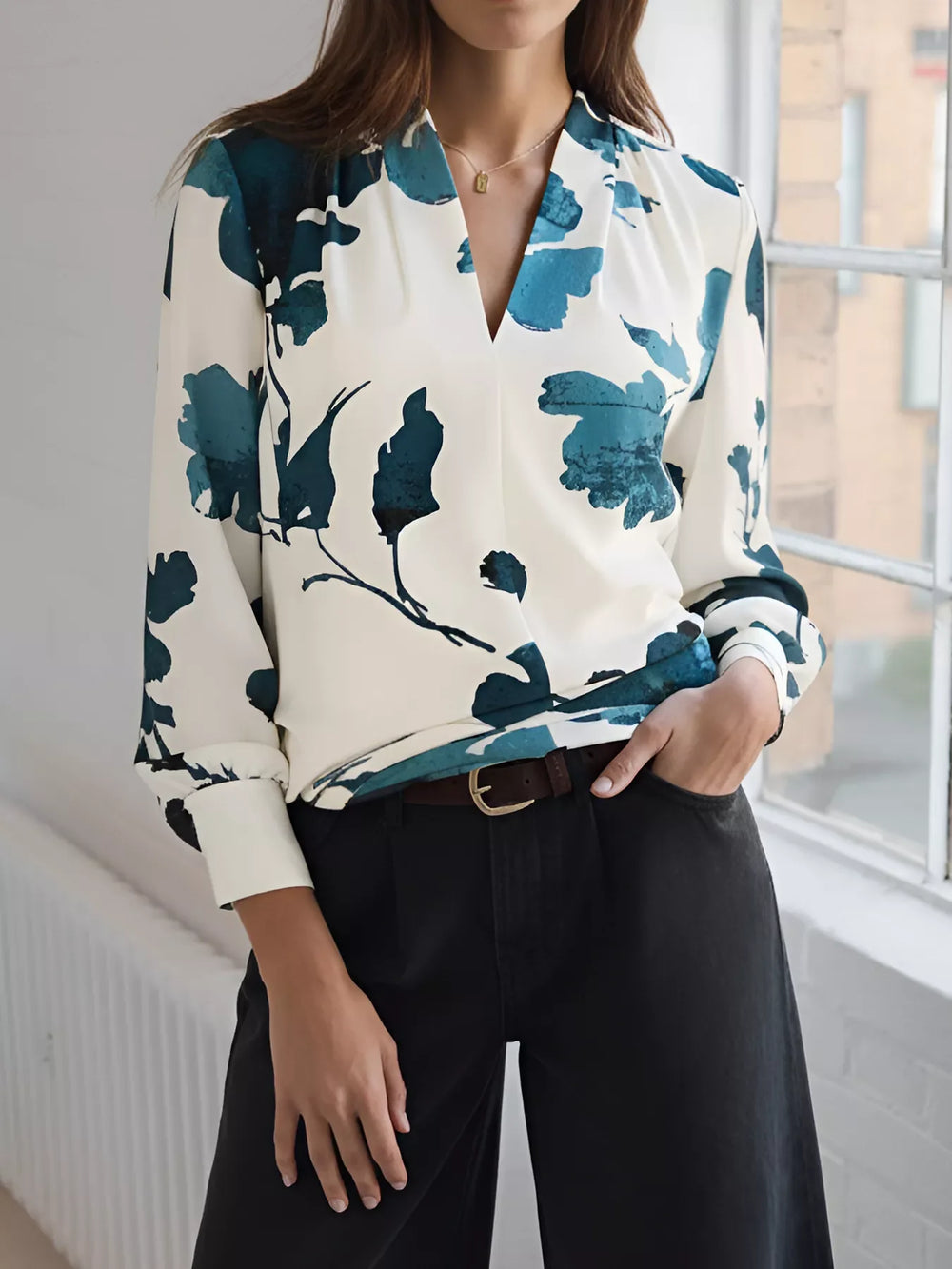 Printed V-Neck Long Sleeve Blouse - Trendsi - Flyclothing LLC