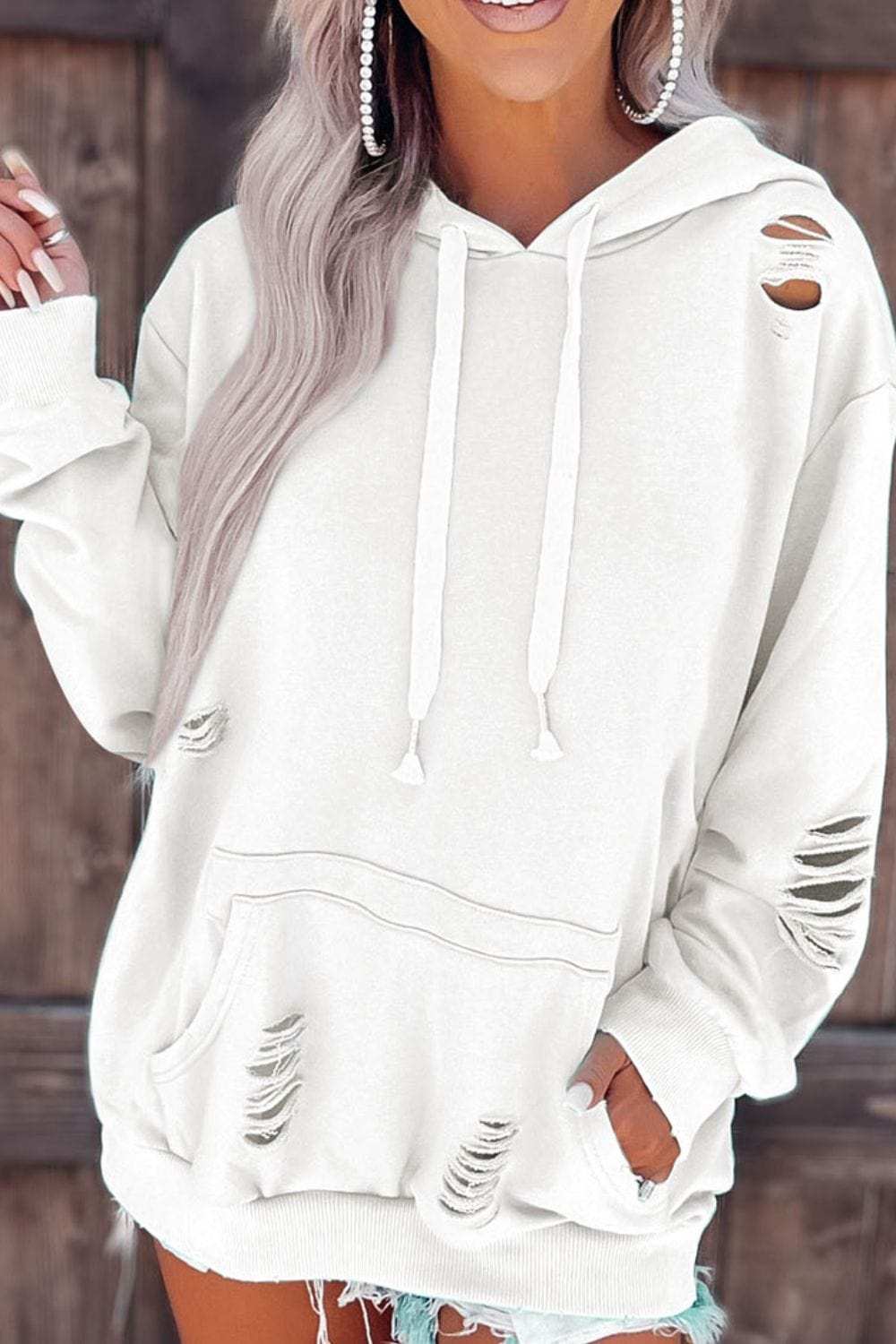 Distressed Drawstring Long Sleeve Hoodie - Trendsi - Flyclothing LLC