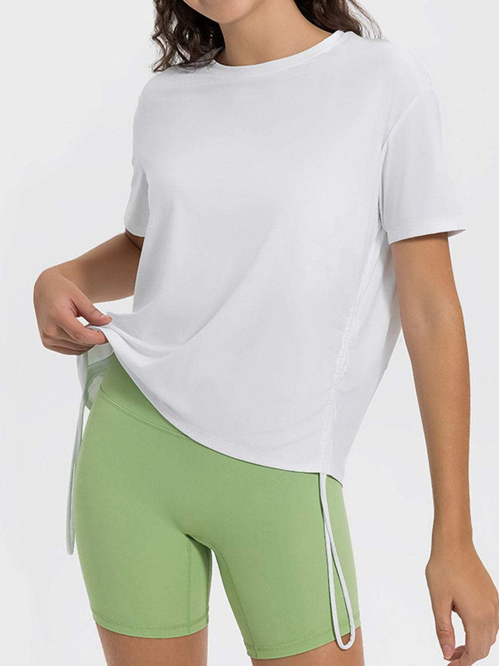 Drawstring Round Neck Short Sleeve Active T-Shirt - Trendsi - Flyclothing LLC