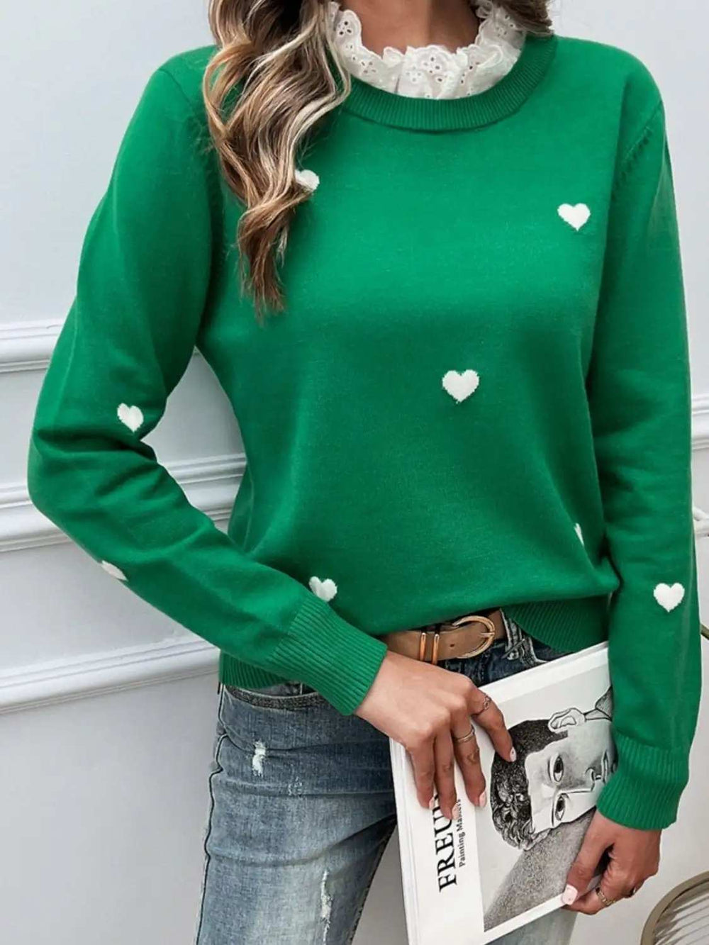 Lace Detail Heart Long Sleeve Sweater - Trendsi - Flyclothing LLC