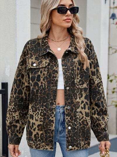 Pocketed Leopard Long Sleeve Denim Jacket - Trendsi - Flyclothing LLC