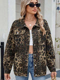 Pocketed Leopard Long Sleeve Denim Jacket - Trendsi - Flyclothing LLC