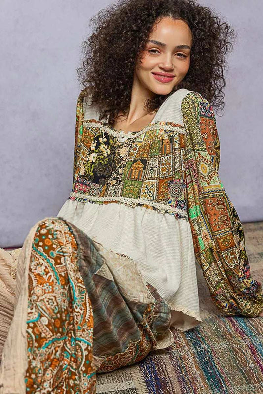 POL Balloon Sleeve Peplum Blouse with Trim Detail - Trendsi - Flyclothing LLC