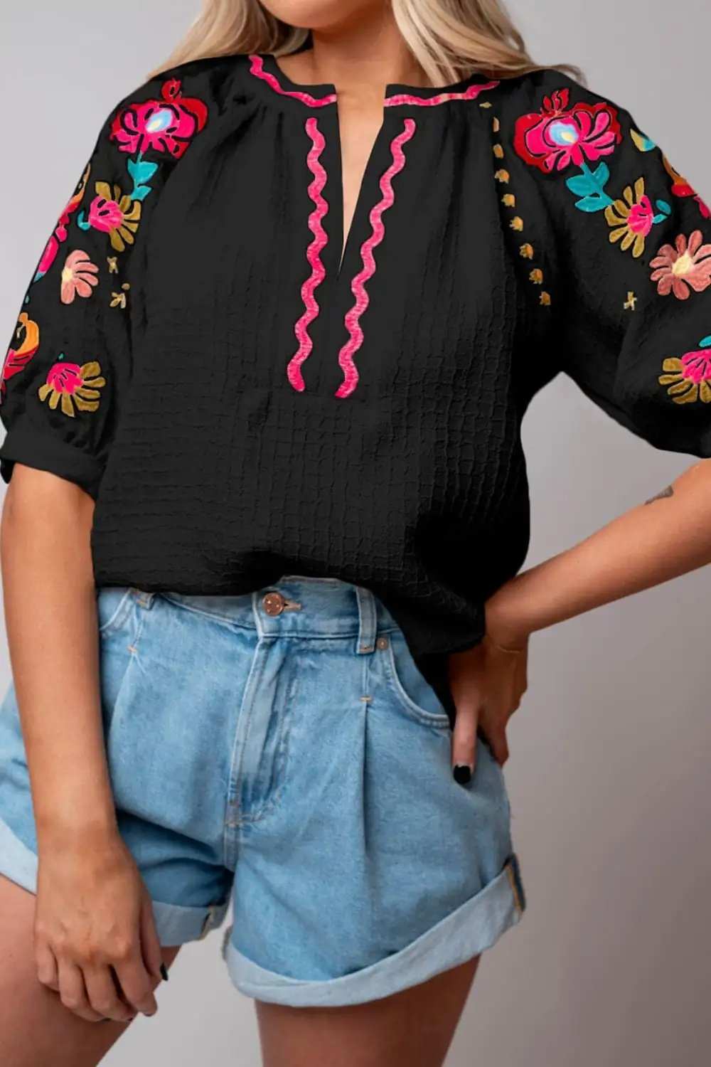 Floral Embroidered Notched Puff Sleeve Blouse - Trendsi - Flyclothing LLC