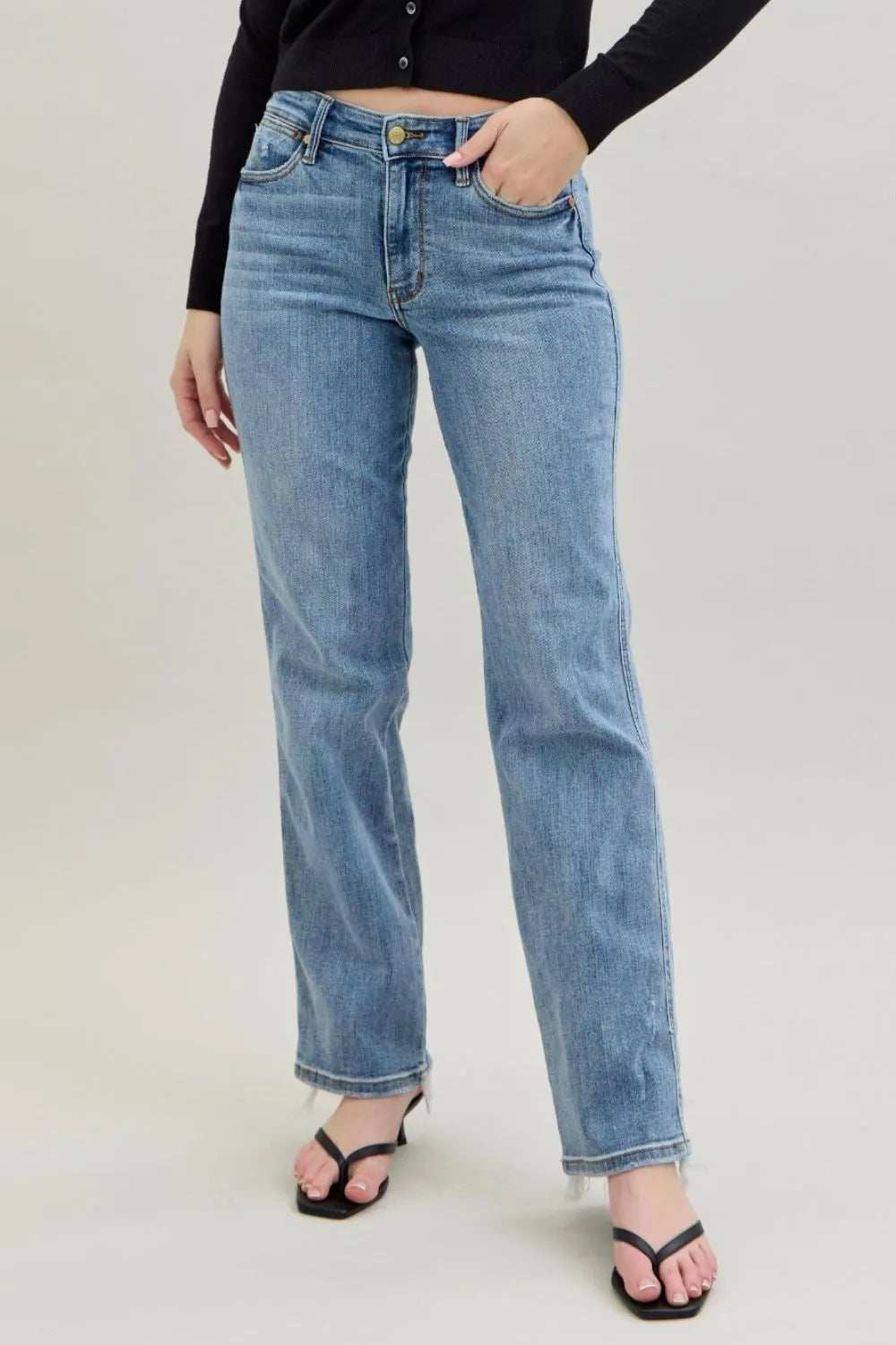 Judy Blue Frayed Hem Cell Phone Pocket Dad Jeans - Trendsi - Flyclothing LLC