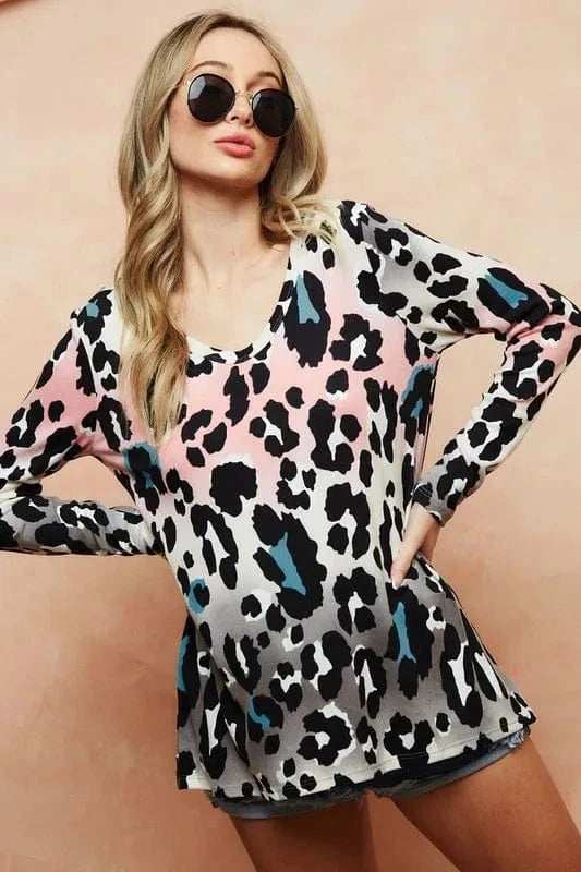 BiBi Gradation Leopard Print Soft Knit Deep U Neck Top - Trendsi - Flyclothing LLC