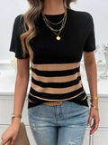 Striped Round Neck Short Sleeve Knit Top - Trendsi - Flyclothing LLC