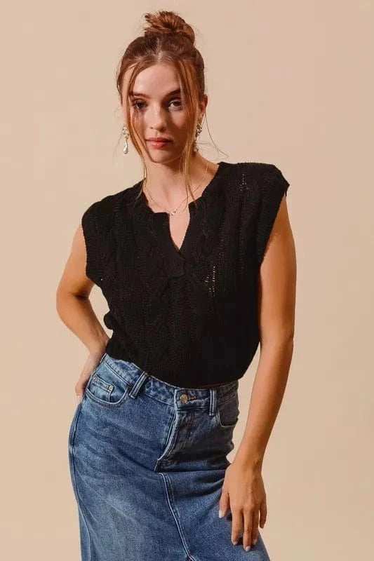 SO ME Notched Neck Cable Knit Sweater Vest - Trendsi - Flyclothing LLC