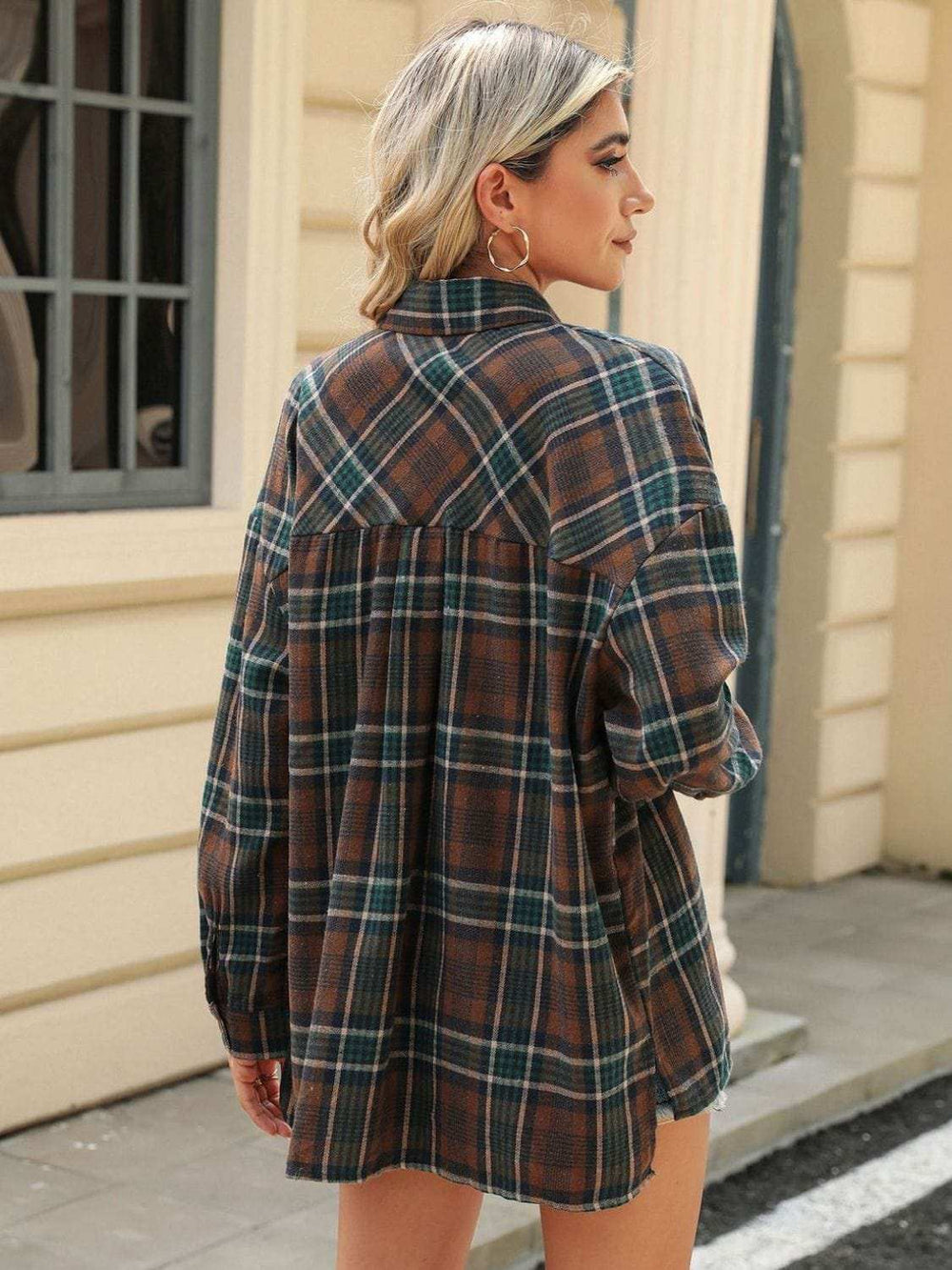 Pocketed Plaid Collared Neck Long Sleeve Shirt - Trendsi - Flyclothing LLC