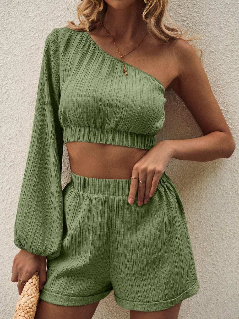 One Shoulder Long Sleeve Top and Shorts Set - Trendsi - Flyclothing LLC