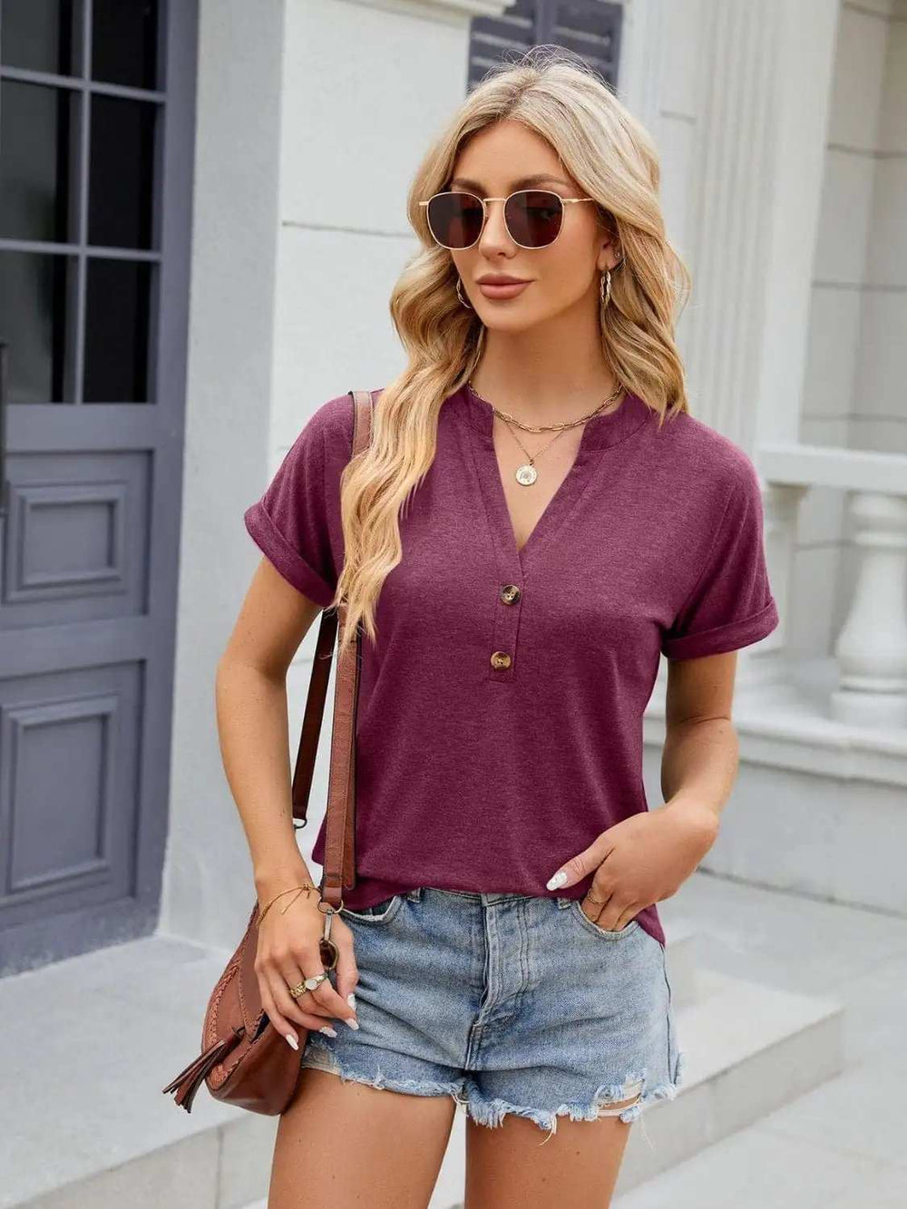 Florira Notched Short Sleeve T-Shirt - Trendsi - Flyclothing LLC