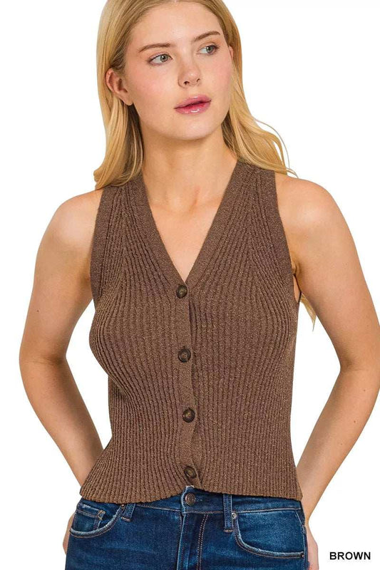 Zenana Ribbed Knit Button-Down Sweater Vest - Trendsi - Flyclothing LLC