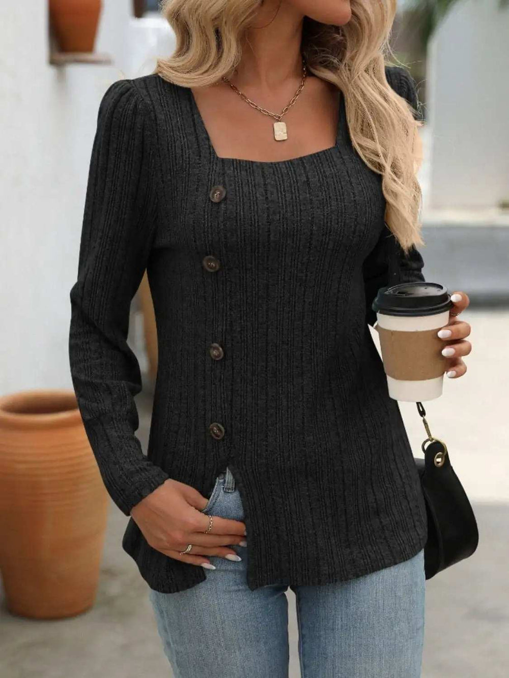 Decorative Button Striped Square Neck Long Sleeve T-Shirt - Trendsi - Flyclothing LLC