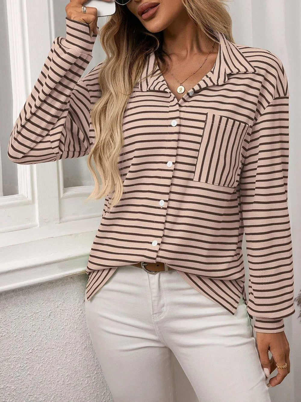 Striped Button Up Long Sleeve Shirt - Trendsi - Flyclothing LLC