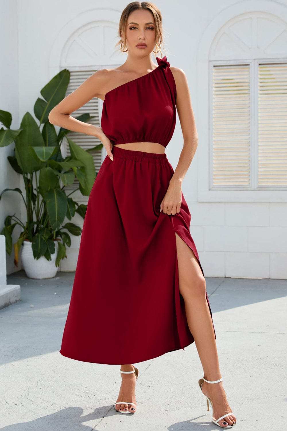 Ruched One Shoulder Top and Slit Skirt Set - Trendsi - Flyclothing LLC