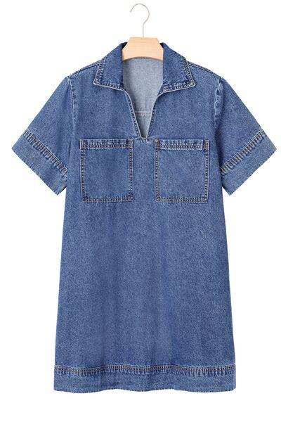 Short Sleeve Collared Patched Pocket Denim Mini Dress - Trendsi - Flyclothing LLC