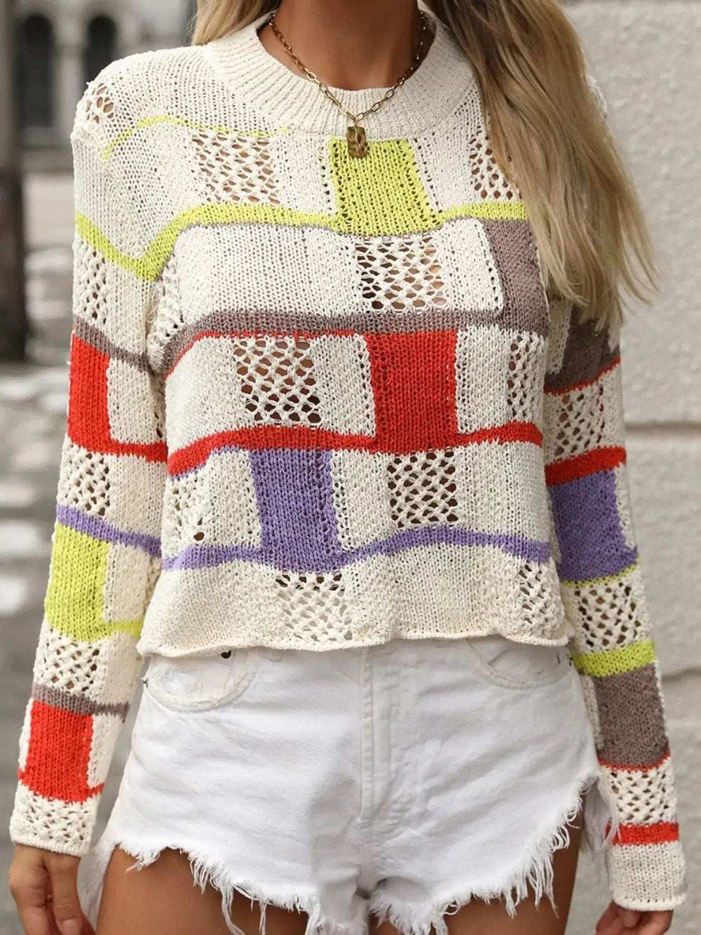 Openwork Color Block Round Neck Sweater - Trendsi - Flyclothing LLC