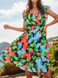 Ruffled Printed Surplice Cap Sleeve Dress - Trendsi - Flyclothing LLC