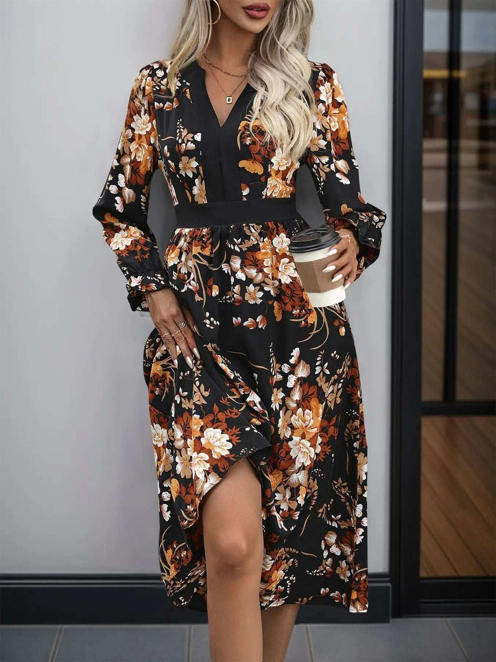 Printed Notched Long Sleeve Midi Dress - Trendsi - Flyclothing LLC