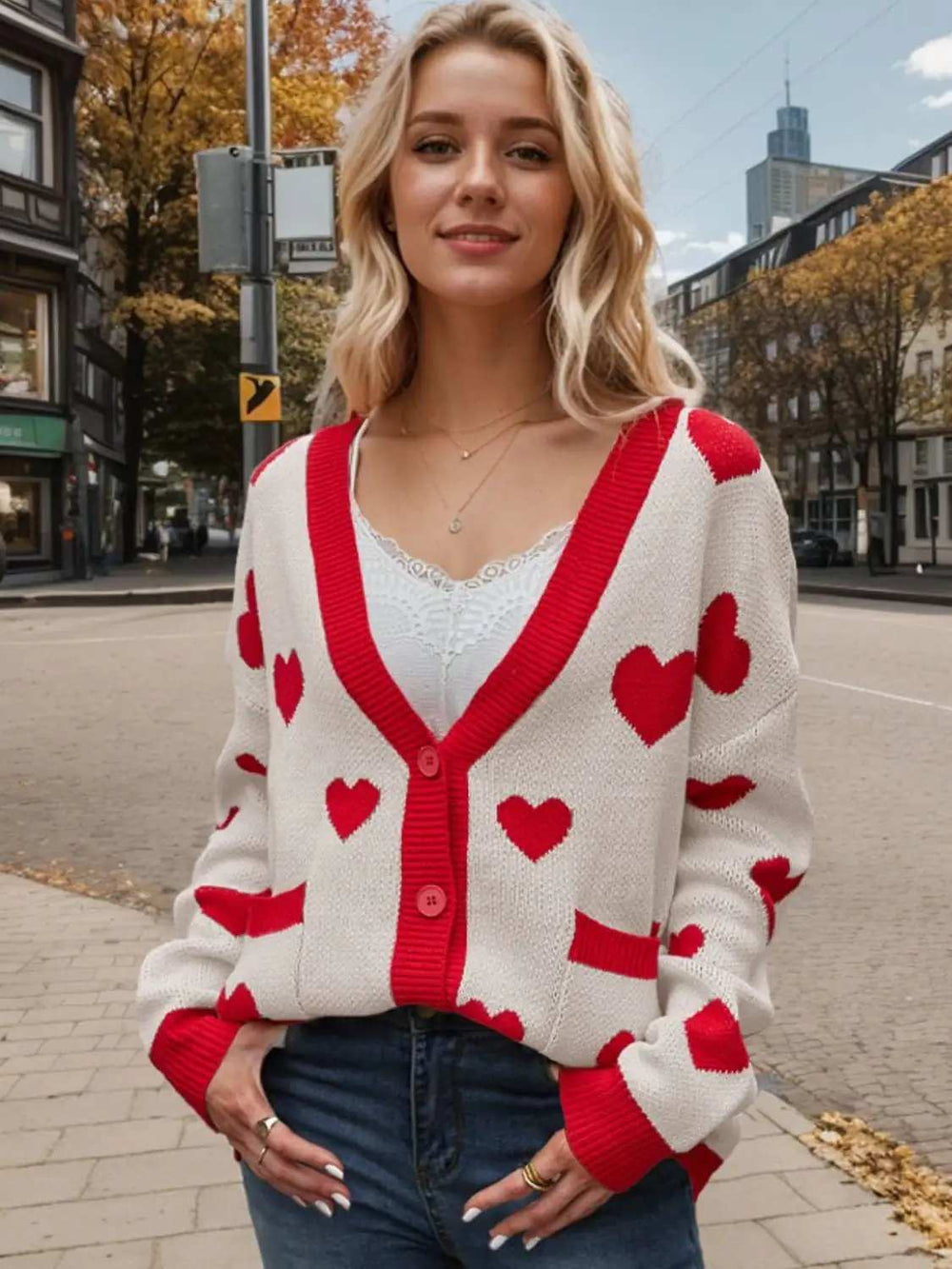 Heart Button Up Dropped Shoulder Long Sleeve Cardigan - Trendsi - Flyclothing LLC