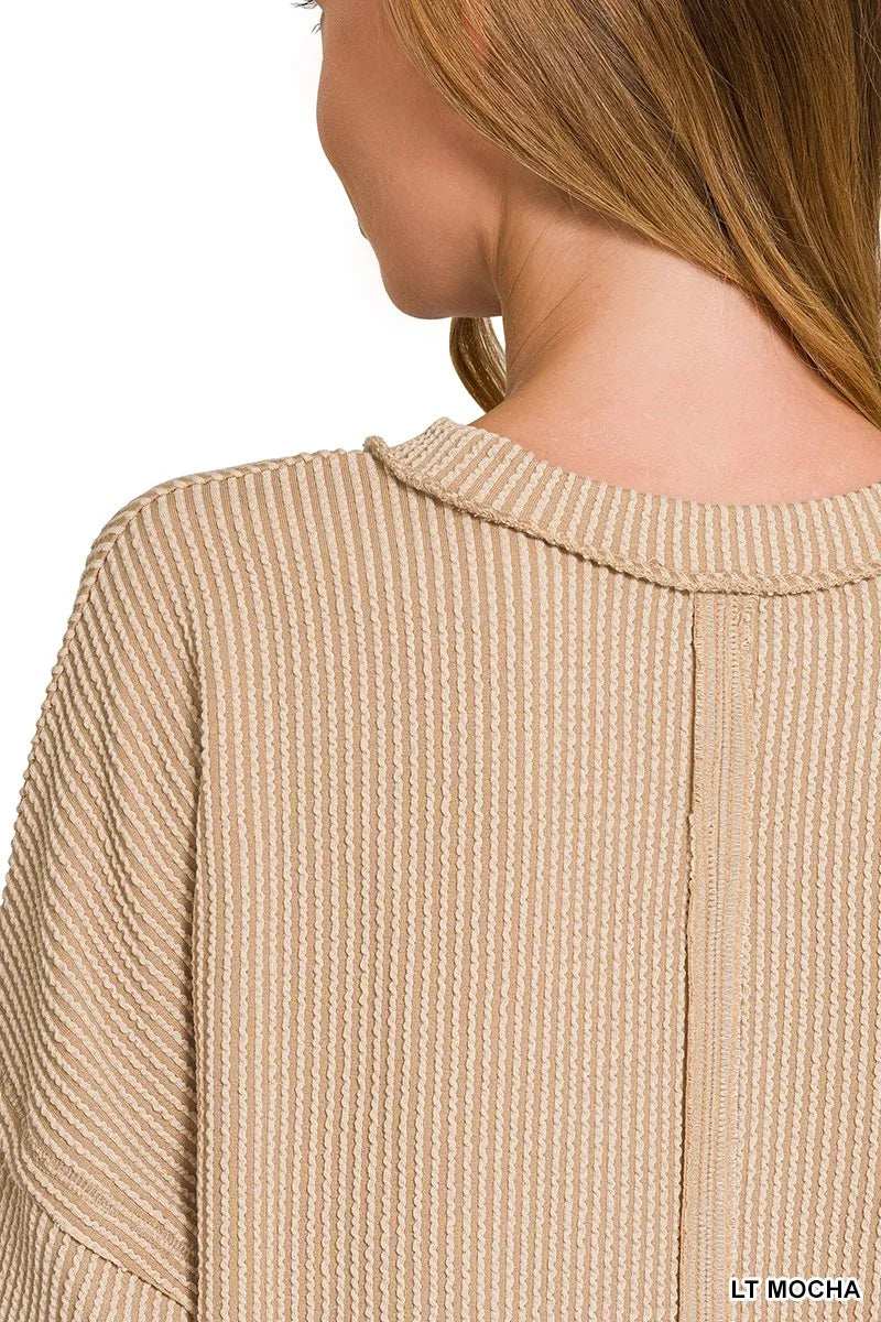 Zenana Long Sleeve Drop Shoulder Rib Top - Trendsi - Flyclothing LLC