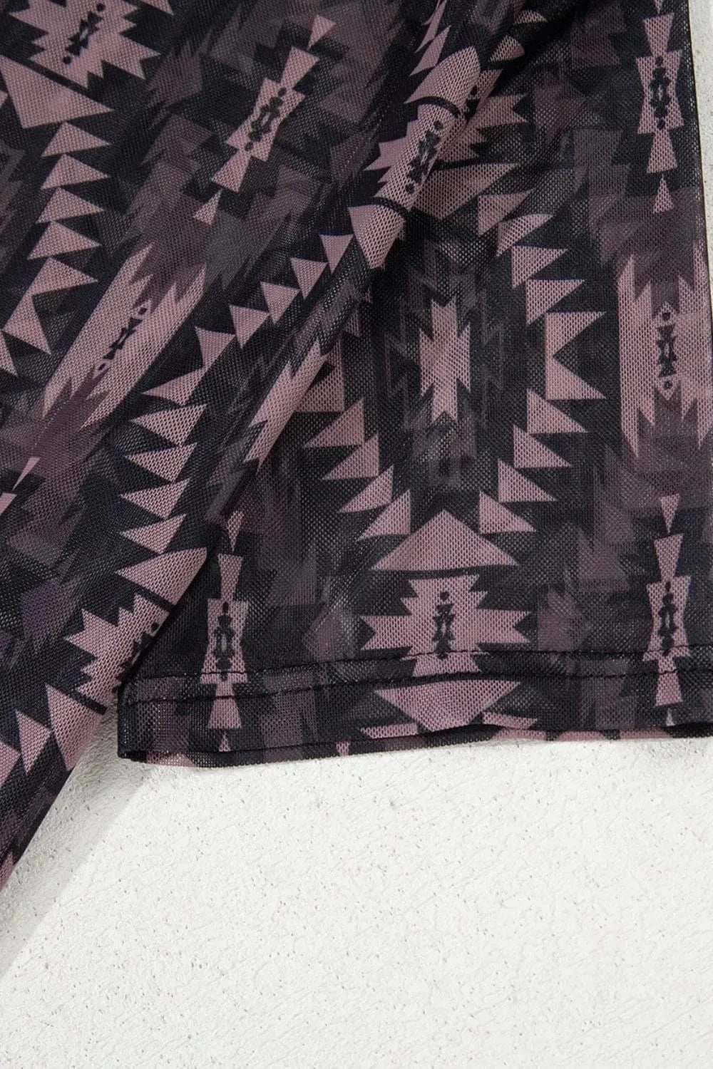 Aztec Print Mock Neck Short Sleeve Mesh T Shirt - Trendsi - Flyclothing LLC