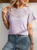 Round Neck Short Sleeve Crochet Top - Trendsi - Flyclothing LLC
