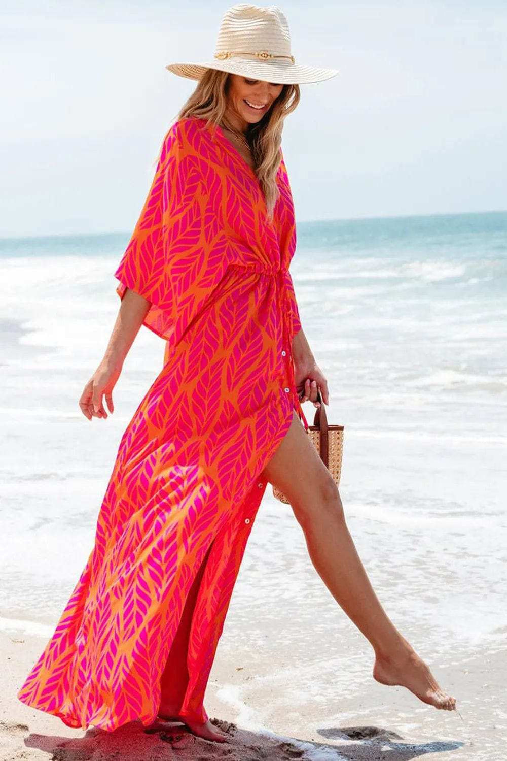 Drawstring Printed V-Neck Maxi Dress - Trendsi - Flyclothing LLC