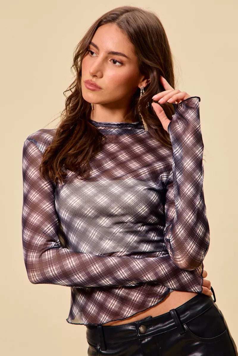 SO ME Plaid Mesh Knit Long Sleeve Top with Thumb Opening - Trendsi - Flyclothing LLC