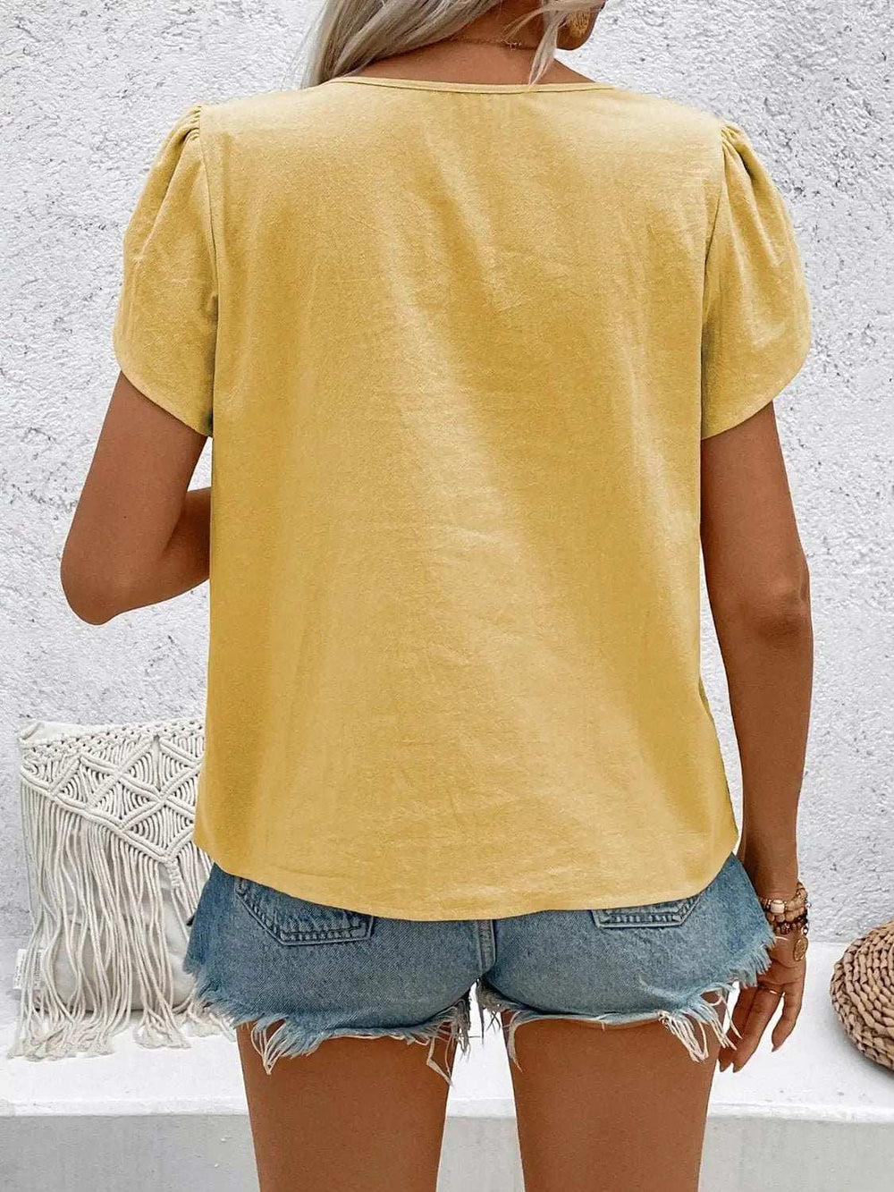 Notched Short Sleeve Blouse - Trendsi - Flyclothing LLC
