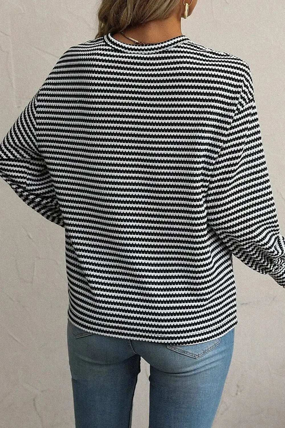 Striped Round Neck Long Sleeve Top - Trendsi - Flyclothing LLC