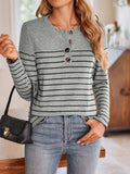 Lovelet Quarter Button Striped Round Neck Long Sleeve T-Shirt - Trendsi - Flyclothing LLC