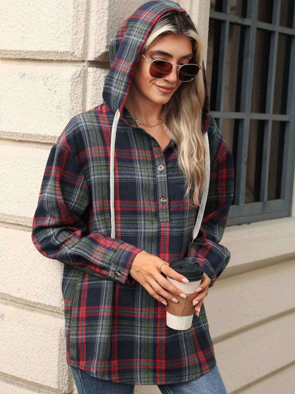 Drawstring Plaid Hooded Long Sleeve Top - Trendsi - Flyclothing LLC
