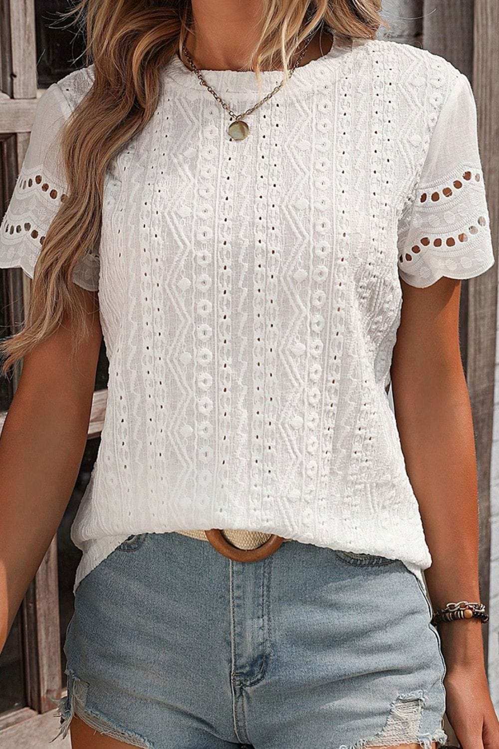 Eyelet Round Neck Short Sleeve Top - Trendsi - Flyclothing LLC