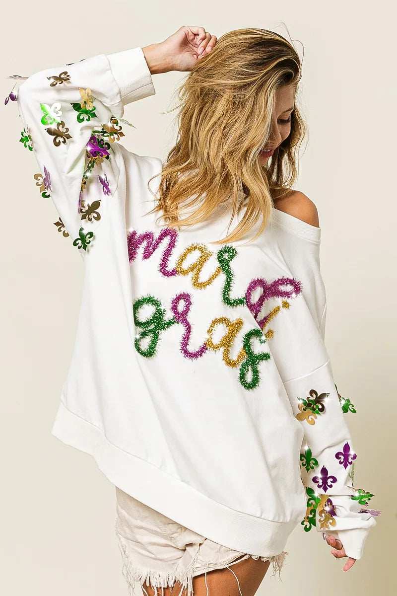 BiBi Fleur De Lis Sleeve Mardi Gras Pullover - Trendsi - Flyclothing LLC