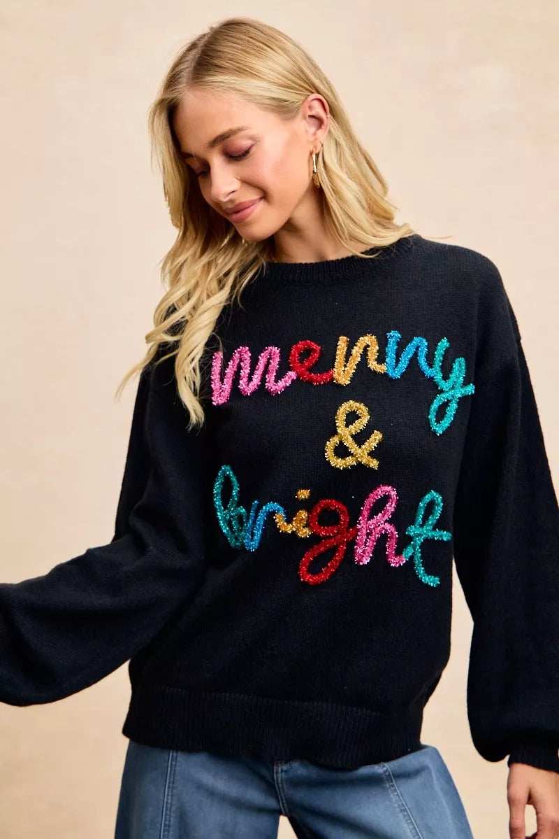 BiBi Tinsel Lettering Christmas Sweater - Trendsi - Flyclothing LLC