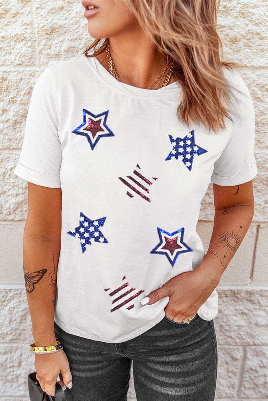 Sequin Star Round Neck Short Sleeve T-Shirt - Trendsi - Flyclothing LLC
