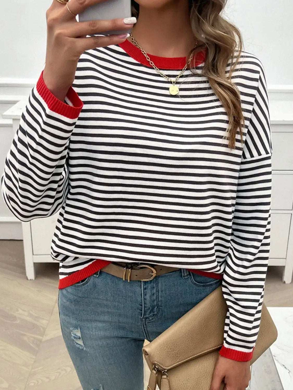 Striped Round Neck Dropped Shoulder Sweater - Trendsi - Flyclothing LLC