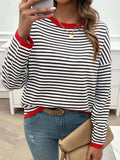 Striped Round Neck Dropped Shoulder Sweater - Trendsi - Flyclothing LLC