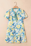 Floral Striped Trim Puff Short Sleeve Dress - Trendsi - Flyclothing LLC